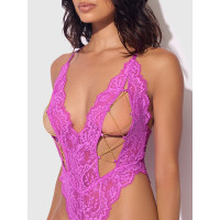 House of Desire Reanna Lace & Chain Deep Plunge Teddy - Detail Front