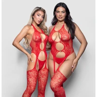 Midnight Rose Halter Neck Floral Knit Bodystocking and G-String