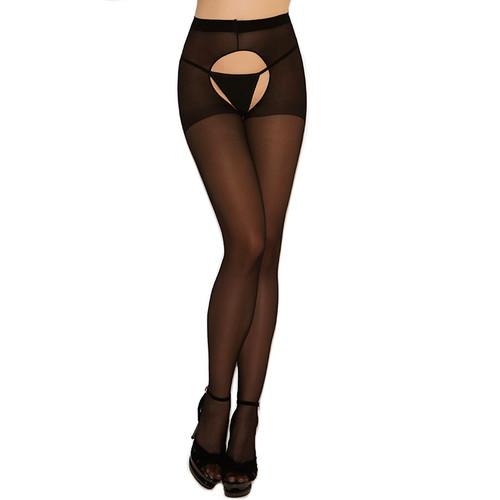 Black Cirilla's Plus Size Sheer Crotchless Pantyhose - Front