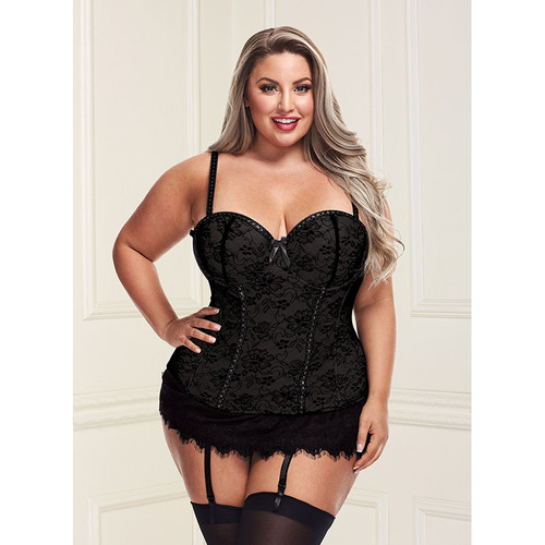 Baci Lingerie Plus Size Black Floral Lace Bustier and G-String - Front