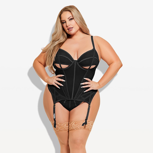 House of Desire Plus Size Vivienne Lace & Mesh Bustier & G-String Set - Front