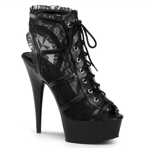 Pleaser DELIGHT-696LC 6" Stiletto Heel, Platform Lace Up Open Toe Open Back Bootie with Lace Trim