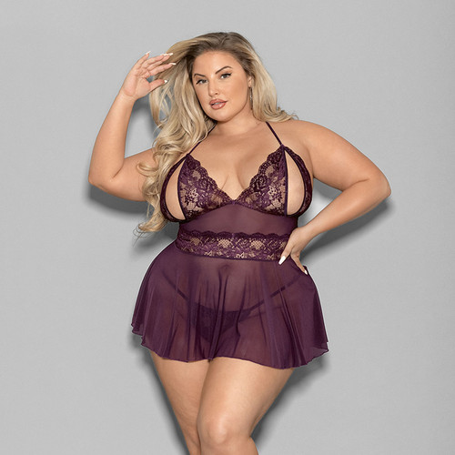 Escanté Plus Size Lace and Mesh Open Cup Shorty Babydoll - Front