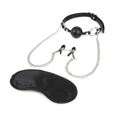 Shots Ouch Black & White Breathable Ball Gag W-nipple Clamps - Black