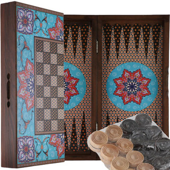 تخته نرد و شطرنج کلاف روس طرح خاتم فیروزه با کاور