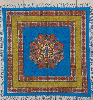 رومیزی قلمکار 100در 100سانتی متر -طرح قلمکار آفتابگردان فیروزه‌ای  - زابلیان اسپادانا