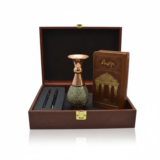 حافظ پالتویی چرم با گلدان خاتم و خودکار و روان نویس