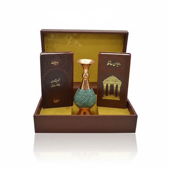 حافظ و خيام و باباطاهر پالتويی چرم با گلدان فیروزه 16