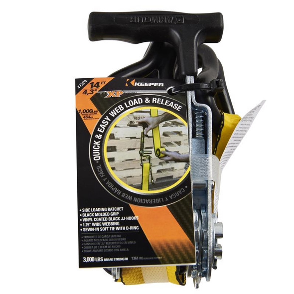 Keeper Tiedown with Ratchet, 1-1/4 inch x 14 ft, Yellow Vinyl-Coated Tie Down Strap