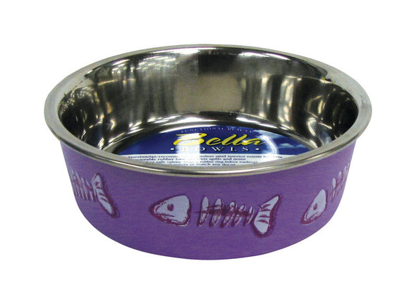 Loving Pets Bella Cat Bowl with Fish Skeleton Design, 1 Cup Capacity, Purple Stainless Steel Pet Dish