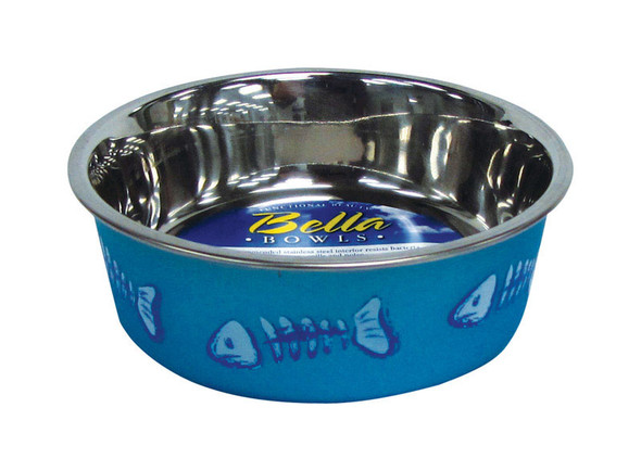 Loving Pets Bella Fish Skeleton Cat Bowl in Blue - Non-Slip Stainless Steel Pet Dish