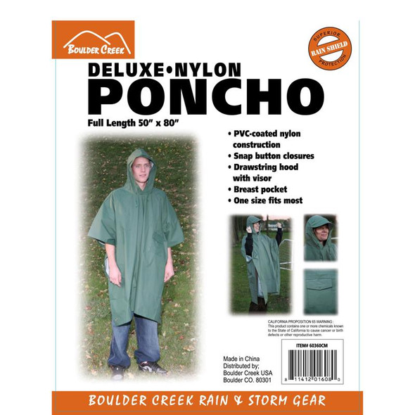 Boulder Creek PVC-Coated Nylon Rain Poncho – Unisex, Green, 50" x 80"