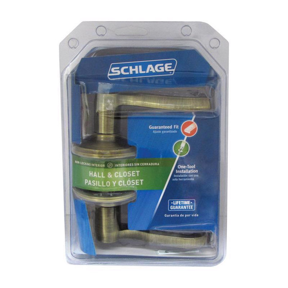 Schlage F10VFLA609 Passage Lockset with Flair Lever Handle, Antique Brass Finish