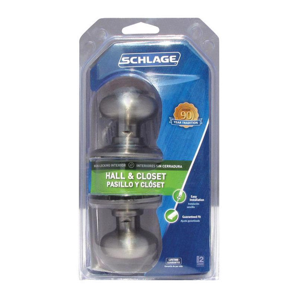 Schlage Passage Knob Plymouth Satin Nickel F10VPLY619 for Residential Doors