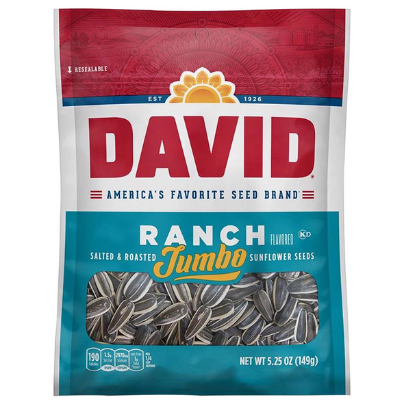 David Jumbo Sunflower Seeds Ranch Flavor, 5.25 oz Bag - Premium Snack in USA