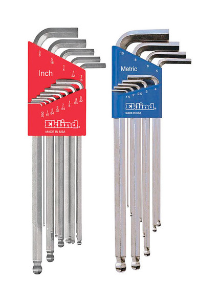 Eklind Ball End Hex Key Set, Bright-Ball-Hex-L, 22-Piece Metric & SAE Assorted Sizes with Extra Long Handles