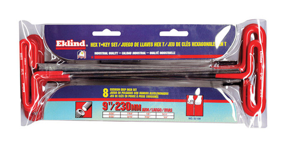 Eklind HEX KEY T Handle Set, SAE, 3/32 to 1/4 Inch, 8-Piece, Red Handle, Model 53198