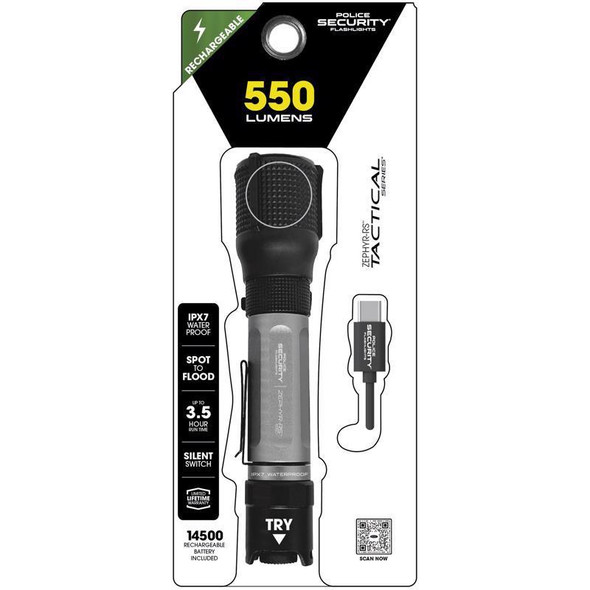 Police Security Zephyr-RS Tactical LED Flashlight with 550 Lumens, Waterproof, Rechargeable, Black/Gray