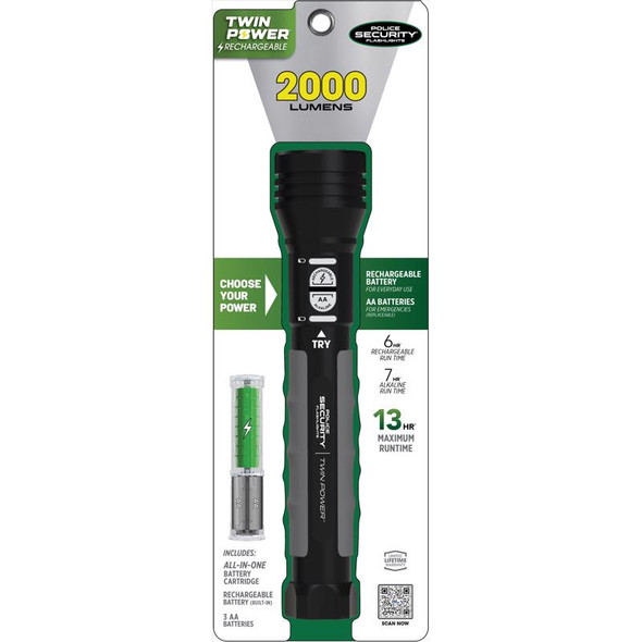 Police Security Twin Power 2000 Lumens Black LED Flashlight with Rechargeable AA Batteries