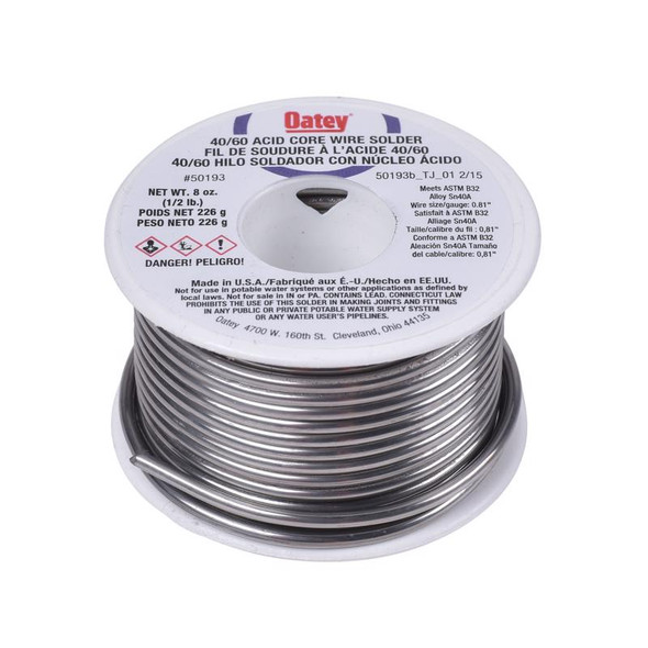 Oatey 50193 Acid Core Wire Solder, 40/60 Tin-Lead Alloy, 8 oz