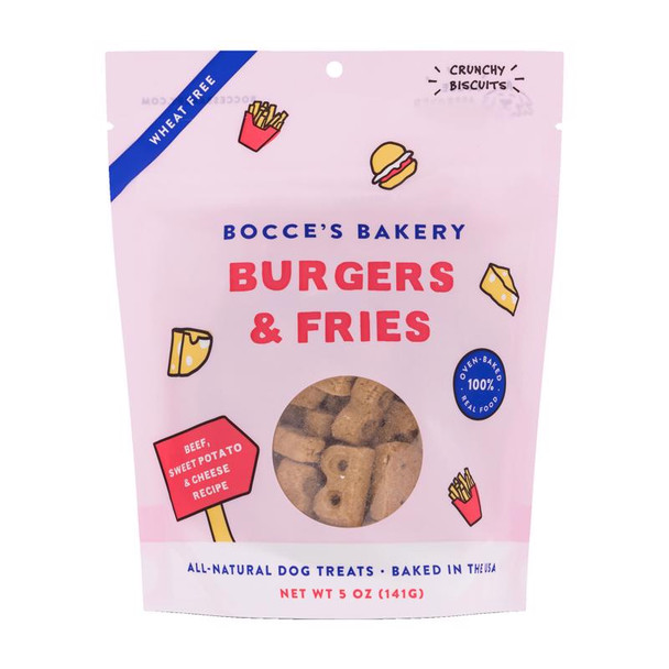 Bocce's Dog Biscuit Burgers and Fries - Grain-Free Treats for Dogs, 5 oz Pack
