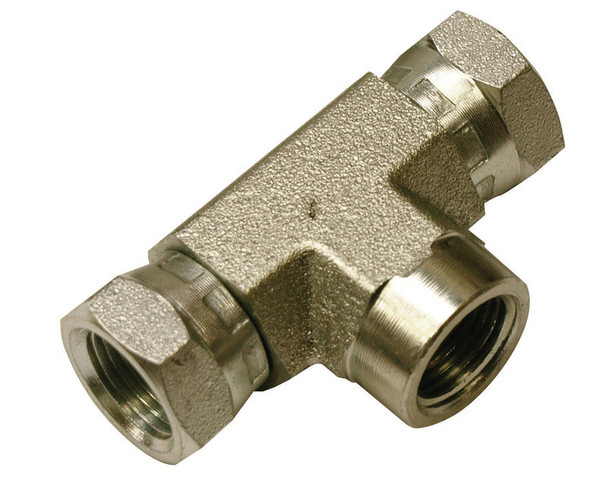Apache T-Hydraulic Adapter 3/8 Inch FPT Swivel Inlet and Outlet for Hydraulic Hoses