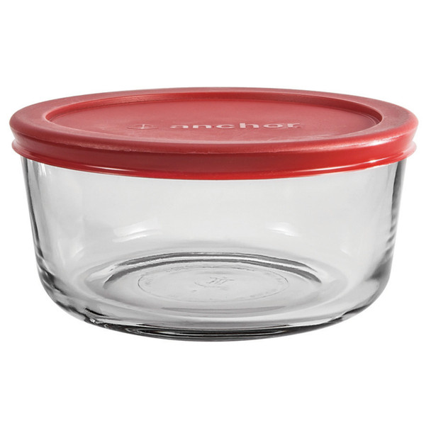 Anchor Hocking 91548L24 Glass Food Storage Containers - Set of 2, 4-Cup Capacity, Round, Microwave and Dishwasher Safe, Clear with Red Lid