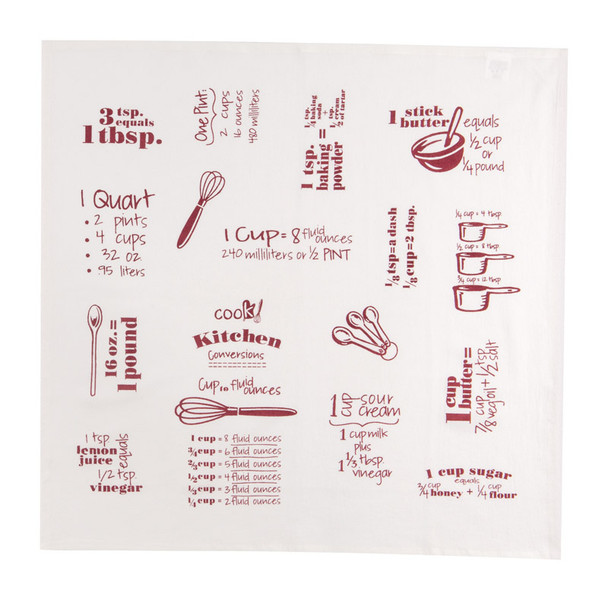 Kay Dee Flour Sack Towel with Conversions & Equivalents, 26 x 26 inches - Red Marsala Kitchen Textile