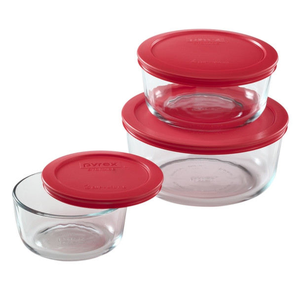 Pyrex Food Storage Container Set with Red Lids - 6 Piece Round Glass and Plastic Food Storage Containers