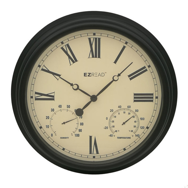 EZRead Black 15-Inch Indoor/Outdoor Wall Clock with Thermometer and Hygrometer