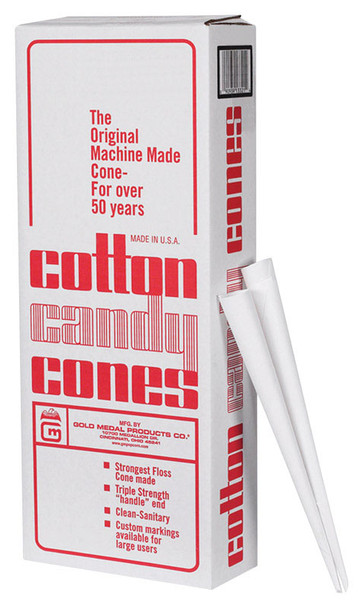 Gold Medal Cotton Candy Cone Holders, 1000-Count White Paper Cones for Candy and Snacks