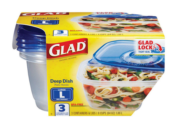 Glad Deep Food Storage Containers Set of 6 - 64 oz Rectangular Plastic Containers with Blue Lids, Microwave and Freezer Safe