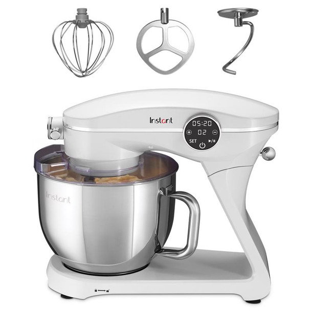 ALL-IN-1: With 600W of power, this Instant mixer is a powerhouse. It comes with (1) 7.4-qt stainless steel mixing bowl that can make up to 120 cookies in a single batch, (1) mixing paddle, (1) dough hook, (1) whisk, and a removable pouring shield.