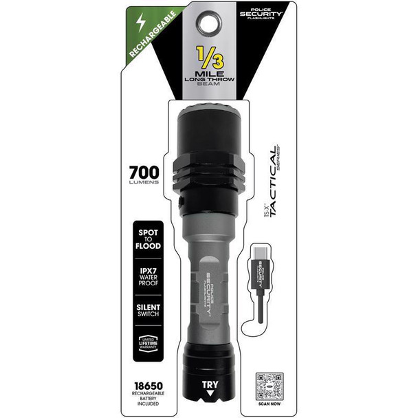 Police Security 97739 LED Flashlight with 700 Lumens, Waterproof, Rechargeable, Black/Gray