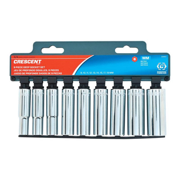 Crescent 3/8-inch Drive Deep Well Socket Set, 6-Point, 9-Piece with Polished Chrome Finish
