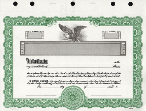 Corporate Stock Certificates, Non Personalized, 3-Hole Punched, 8 1/2 x  11”, Green, Box Of 20