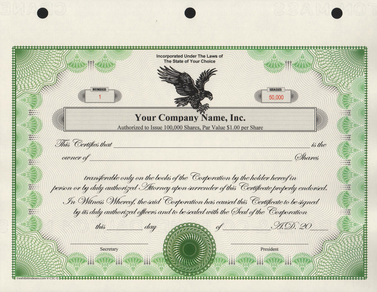 exhibitindexescom Corporate Stock Certificate