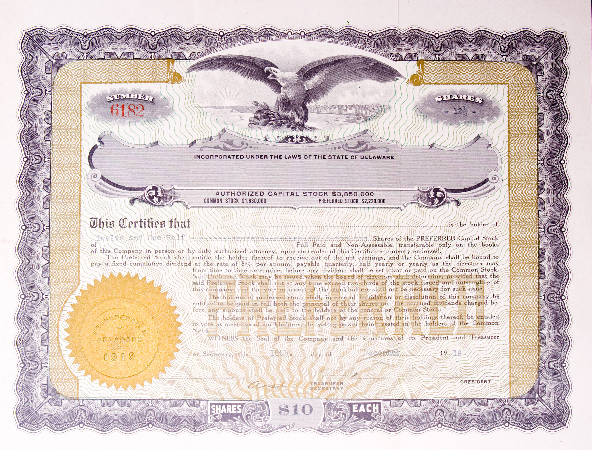 Issued 1st Oct.1965 Old Vintage Stock Certificate, 100 Shares