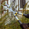 A gloved hand trimming a shrub with the Regular Duty Hedge Shear beside a fence