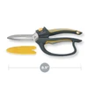 The Super Duty Utility Snips with the yellow blade cover beside them, and an 8.9 inch length measurement