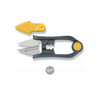 The Regular Duty Herb Snips open with the yellow blade cover beside them, and a 5.7 inch length measurement