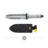The Hori Hori Garden Knife blade shown above its black nylon sheath, with a 13 inch length measurement