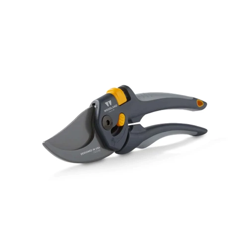 The Heavy Duty Bypass Pruner at an angle, showing the coated blade and cushioned grips