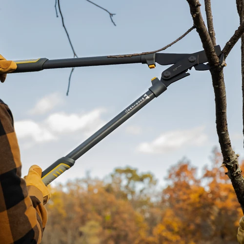 A gloved hand cutting a sapling with the Super Duty MaxForce Lopper, autumn treeline behind
