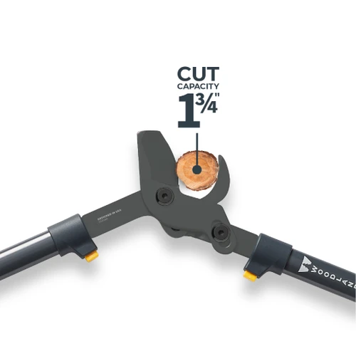Close-up of the Heavy Duty LeverAction Lopper cutting head with a 1 and three quarter inch cut capacity callout