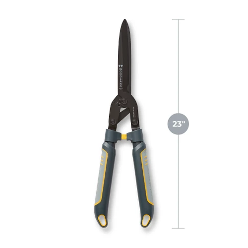 The Super Duty MaxForce Hedge Shears standing upright with a 23 inch length measurement
