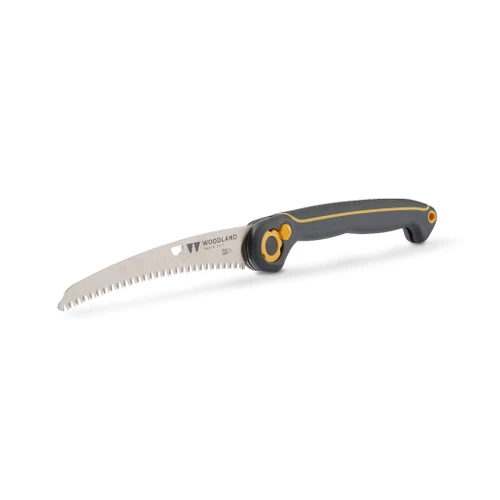 The Compact Duralight Folding Saw closed, showing the wood-grain handle and folded blade