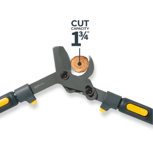 Close-up of the Extendable LeverAction Lopper cutting head with a 1 and three quarter inch cut capacity callout