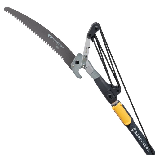 The 12 foot Regular Duty Tree Pruner cutting head, showing the pull saw blade and pulley linkage