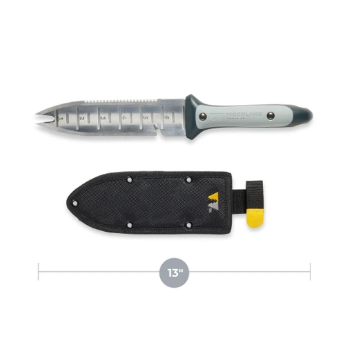The Hori Hori Garden Knife blade shown above its black nylon sheath, with a 13 inch length measurement